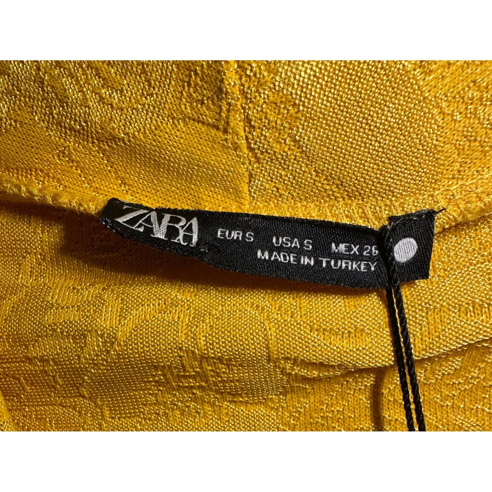 Zara Mustard Yellow Jacquard Floral Front Knot Plunging Mini Dress or Top Boho - Picture 7 of 8